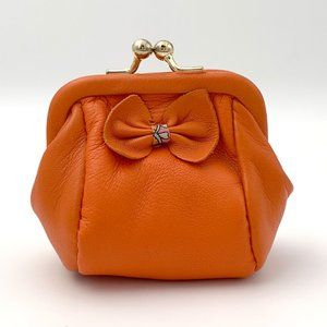 Vintage-style Mini Leather Coin Purse w Ribbon - Orange